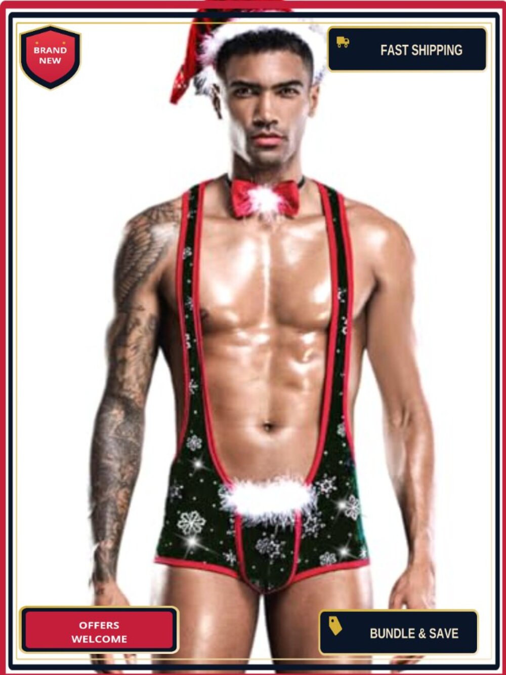 Men's Christmas Lingerie Set Santa Hat Wrestling Singlet Choker